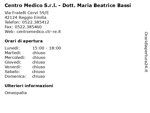 Orari di apertura Centro Medico S.r.l. Dott. Maria Beatrice